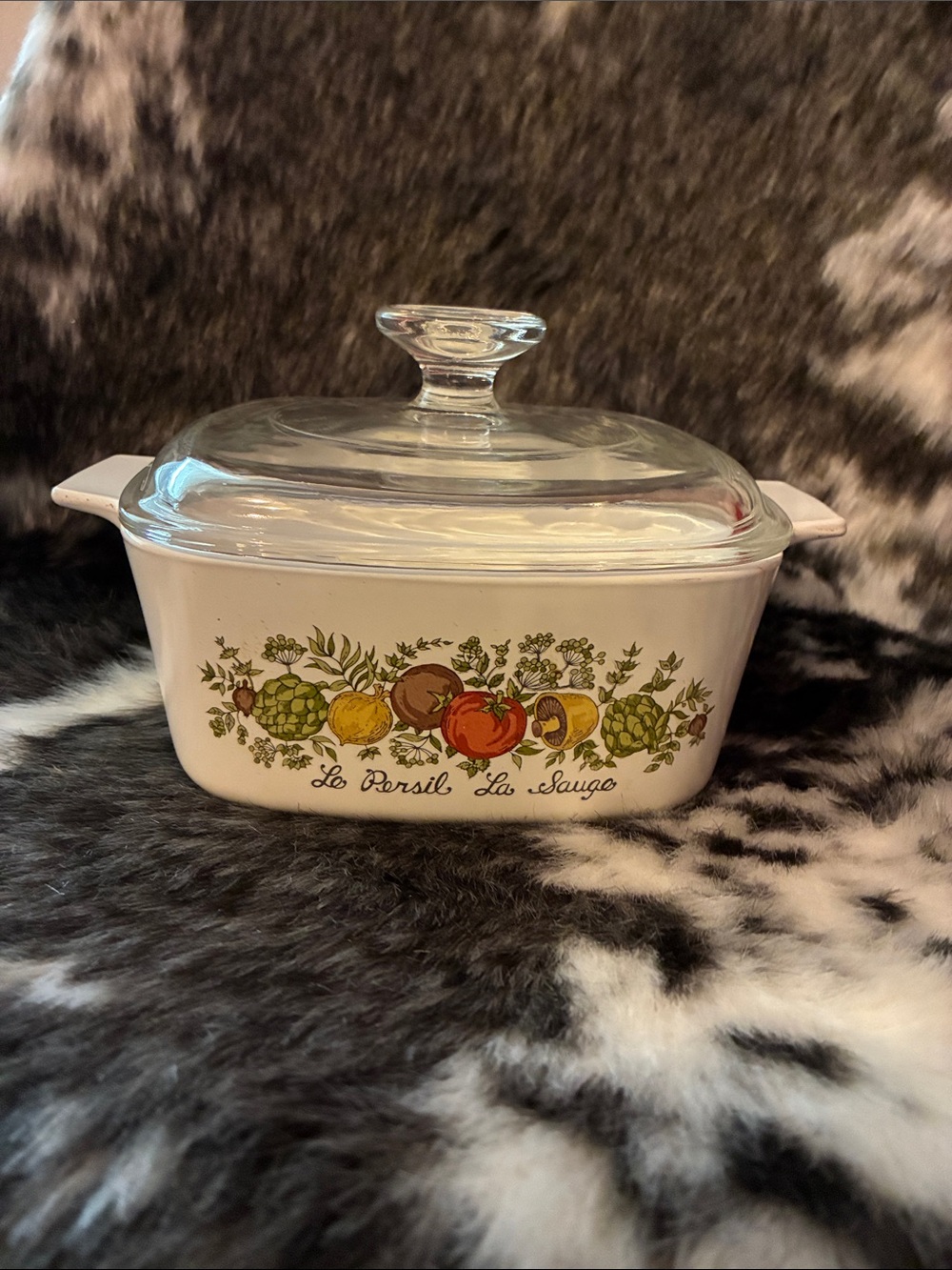 Vintage Corning Ware casserole dish in the “Spice Life”.